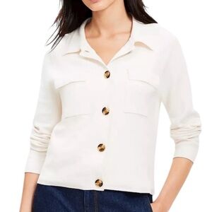 LOFT Cream Collared Sweater Jacket Cropped Brown Button Detail Size L New